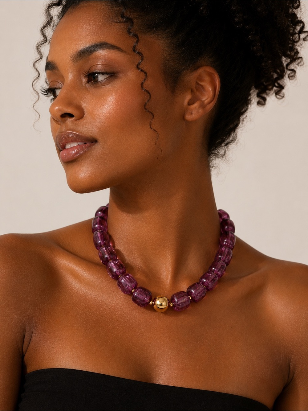Purple Bead Gold Ball Necklace